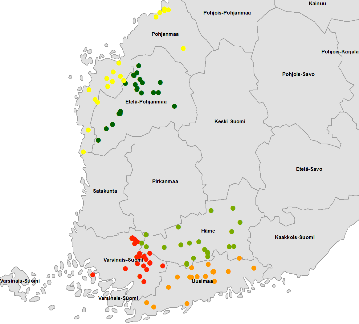32 Kuva 1. GPS-koordinaatteihin perustuva kartta kesällä 2011 havainnoiduista kuminalohkoista. (Hannu Ojanen, MTT 2011) 4.