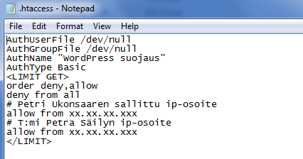 15 täytyy luoda.htaccess tiedosto ja kyseiseen tiedostoon täytyy liittää alla oleva koodi: KUVIO 12. wp-admin kansioon luotu.htaccess -tiedosto.