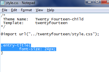Tiedostoon lisätään koodi, jolla otsikkojen fontti muuttuu kokoon 24 px. Koodin lisäys näkyy kuviossa 34. KUVIO 34. Sinisellä taustalla merkitty lisäys style.css tiedostoon.