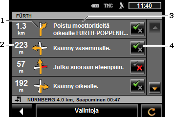 1 Kaaviomainen esitys seuraavasta risteyksestä, jossa sinuun pitäisi kääntyä. 2 Etäisyys tähän risteykseen. 3 Ajo-ohje ja mikäli mahdollista tien nimi, johon sinuun pitää kääntyä.