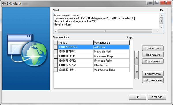 SMS-viestit (lisäominaisuus) Käytettäessa -valintaa aukeaa sms-lähetysikkuna, jonka Vastaanottajatkenttään on poimittu kaikki matkapuhelinnumerot, jotka ovat tulosjoukosta löytyneet.
