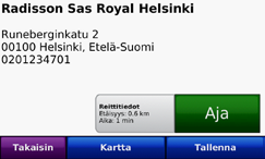 Autoilutila: Minne? Aja -sivun asetukset ➊ ➌ Aja -sivu ➊ Valitsemalla tämän voit avata yksityiskohtaisen kartan sijaintiin. ➋ Valitsemalla tämän voit luoda yksityiskohtaisen reitin paikkaan.