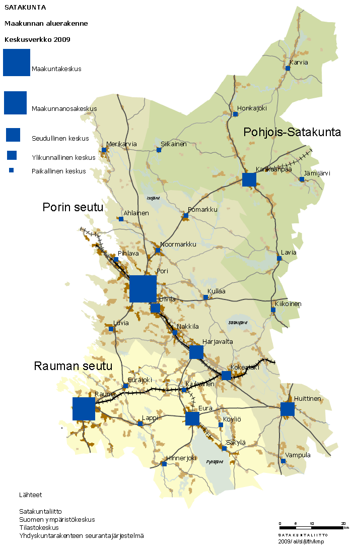 Kuva 9b Satakunnan aluerakenne ja keskusverkko 2009,