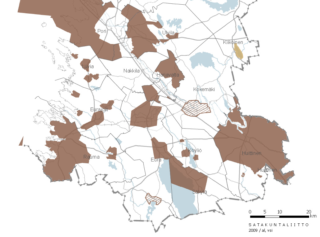 Siten kaavan toteutuminen tapahtuu kuntien ja muiden sidosryhmien toiminnan kautta. 6.1 Kuntien yleiskaavoitustilanne 2009 Yleispiirteisen suunnittelun tilanne Satakunnan kunnissa vaihtelee.