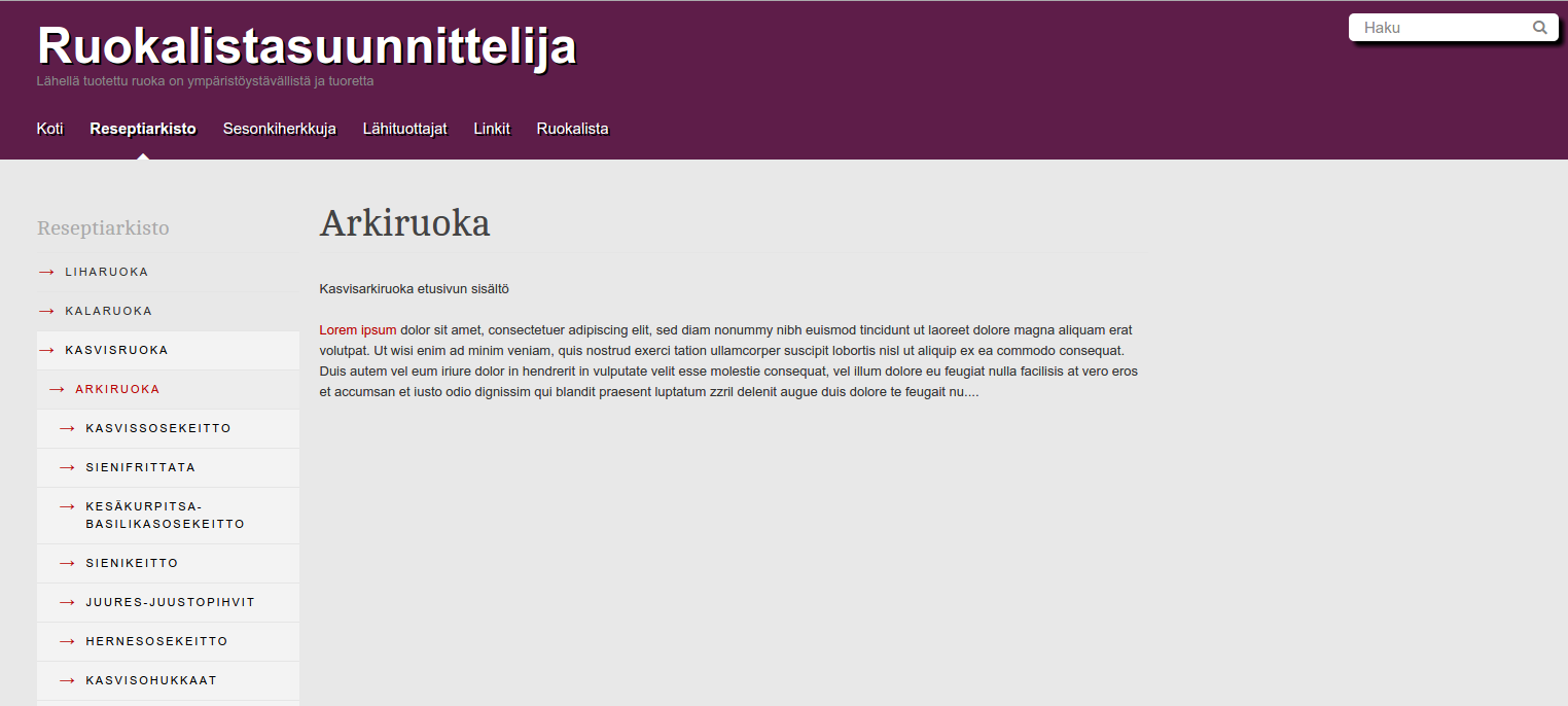23 Kuva 19. Reseptiarkisto Kuvassa 19 on avattu reseptiarkistosta kasvisruoka-kategorian alta löytyvä arkiruoka-etusivu.