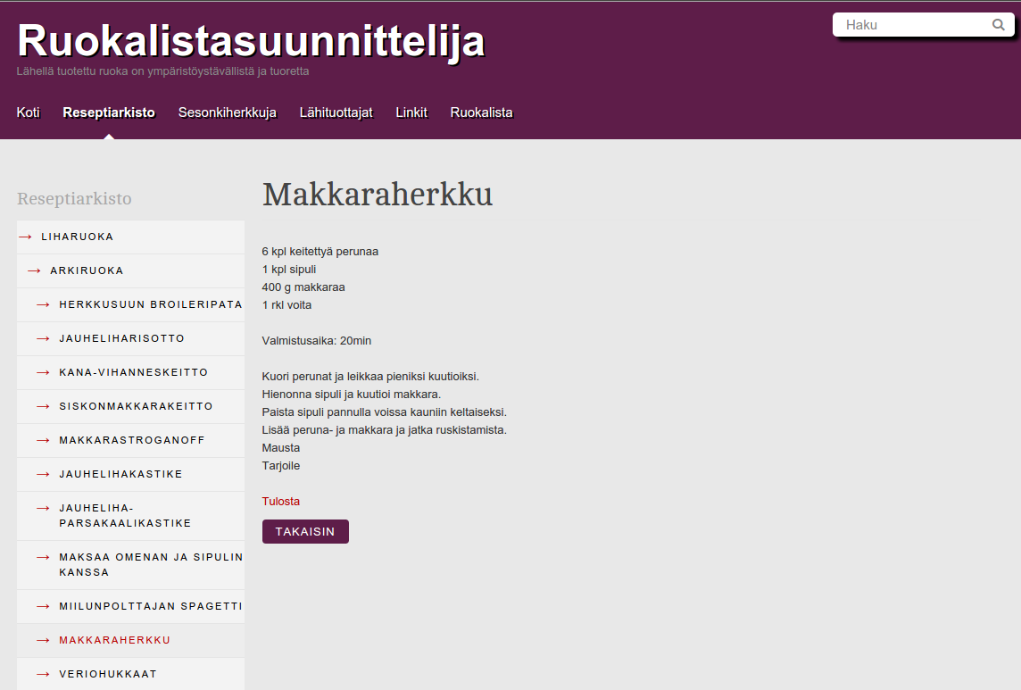 24 Kuva 20. Reseptisivu Kuvassa 20 näkyvä sivuston väriteeman mukaisesti muotoiltu takaisin-linkki vie käyttäjän takaisin edelliselle sivulle. 5.4.3 Hakulomake Silverstripessa on sisäänrakennettuna hakulomake, jonka voi ottaa käyttöön muokkaamalla koodia sivuston _config.