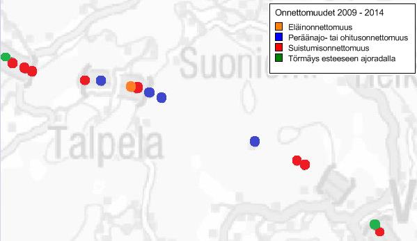 Kuvasta nähdään, että onnettomuudet ovat sattuneet pääasiassa tunneleiden välillä avo-osuuksilla.