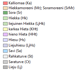 Kuva 6. Alueen maaperä. Eteläosan maaperä 1:20 000, Voltin alueella 1:200 000 (GTK).