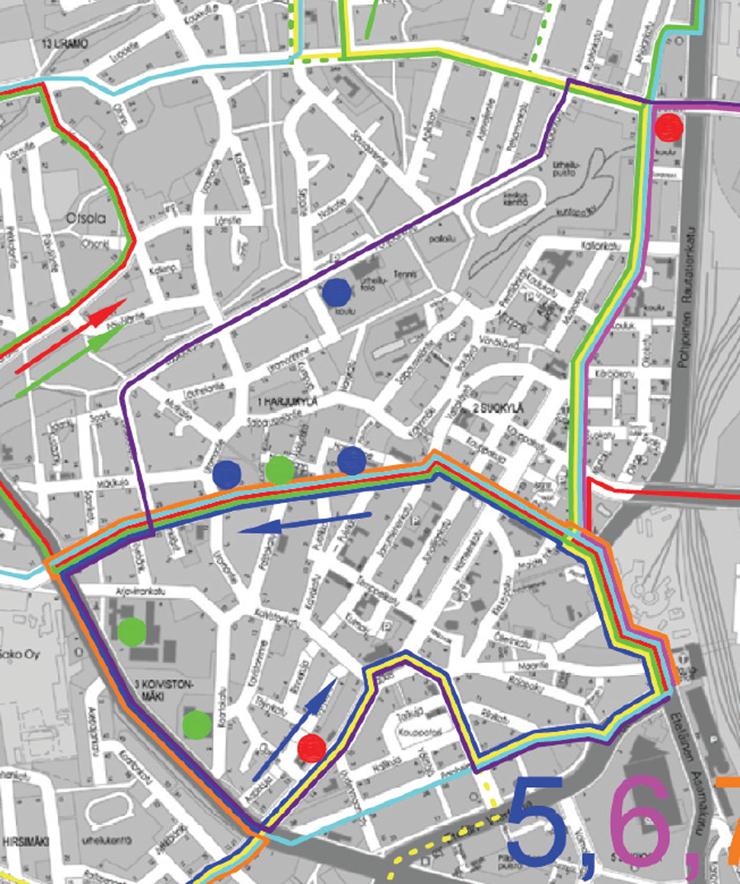 2.8 Joukkoliikenne Riihimäellä on kahdeksan bussilinjaa. Kaikki linjat kulkevat rautatieaseman kautta. Keskustassa bussien pääyhteys on Pohjoinen Asemakatu - Keskuskatu - Kalevankatu.