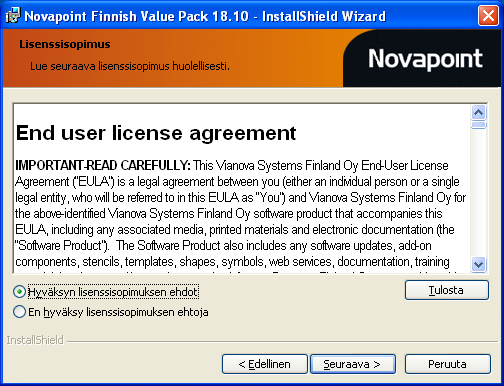 3(6) 2.1. Lisenssiehdot Lue lisenssisopimus huolellisesti, Seuraava painike ei aktivoidu ennen kuin kohta Hyväksyn lisenssisopimuksen ehdot on valittu. Jatka painamalla Seuraava 2.2. Oracle tietokannan nimi Määritä käytettävän Oracle-tietokannan nimi, mikäli se on tiedossa tässä vaiheessa.