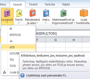 Funktiot, valmiit kaavat, jos Jos funktion käynnistys: Avautuvassa Jos funktion määrittely ikkunassa asetetaan Totuus_testi ruutuun tuloksen tuottava ehto. Ehdossa voit käyttää <, >, =, <> vertailuja.