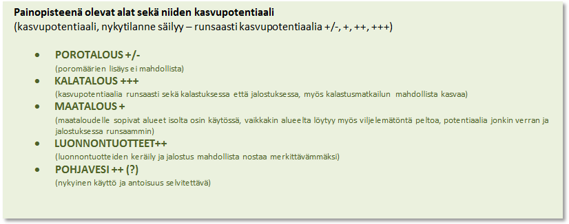 viranomaistapaamisten ja asukastilaisuuden keskustelujen pohjalta. Vaihtoehdon (VE) 1 eli LUONNOLLISEN painopisteenä on luonnonvarojen hyödyntäminen.