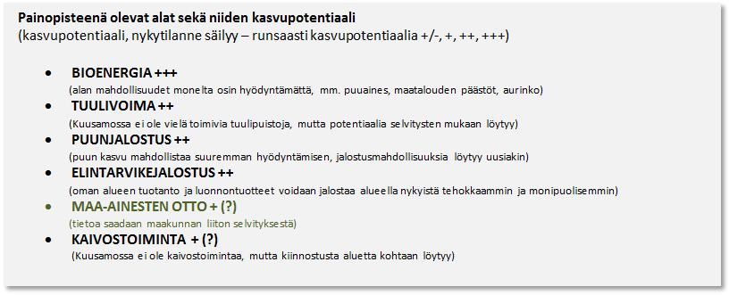 Vaihtoehto (VE) 3 eli ENERGINEN kehittää energiatuotantoa ja jalostuselinkeinoja. Teemoja ovat bioenergia, tuulivoima, puunjalostus, elintarvikejalostus, kaivostoiminta, liikenne ja kauppa.