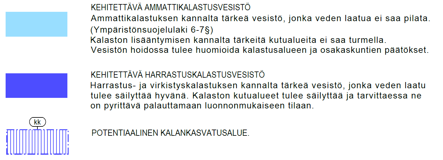 Kalastuselinkeinon kannalta tärkeimmät vesistöt on esitetty tummennan sinisellä värillä ja niitä ovat Kitkajärvet, Kallunkijärvi, Järvi-Kuusamon isot järvet Suininki-Kiitämä-Kirpistö-Muojärvi-