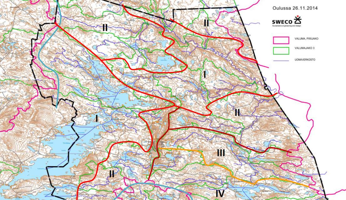 Oulankajoen ja Kitkan Project Aqua vesistön valuma-alueet: etäisyyden mukaan herkin luokka I ja turvallisin luokka IV. Kaupan palvelut keskittyvät Kuusamoon ja Rukalle.