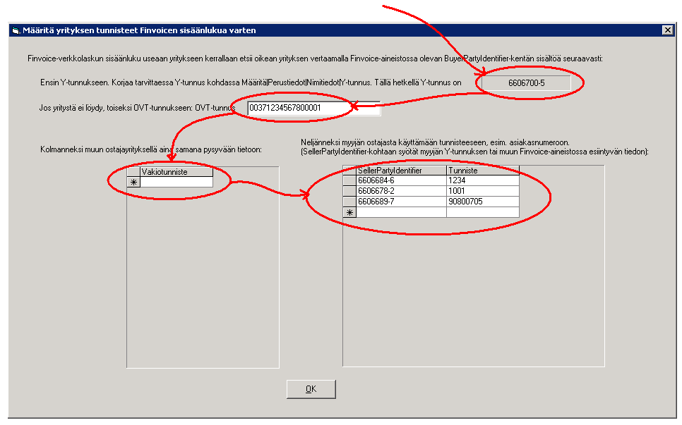 Asteri Ostoreskontrassa voit määritellä ostajayrityksen Y-tunnuksen kohdassa Määritä Perustiedot Nimitiedot.