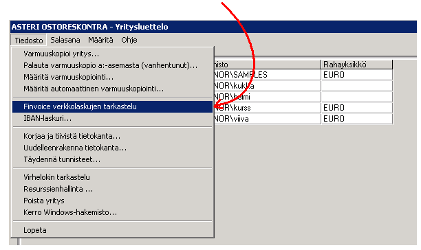 Tuodaksesi Finvoice-laskuja valitse Yritysluettelo-ikkunassa Tiedosto