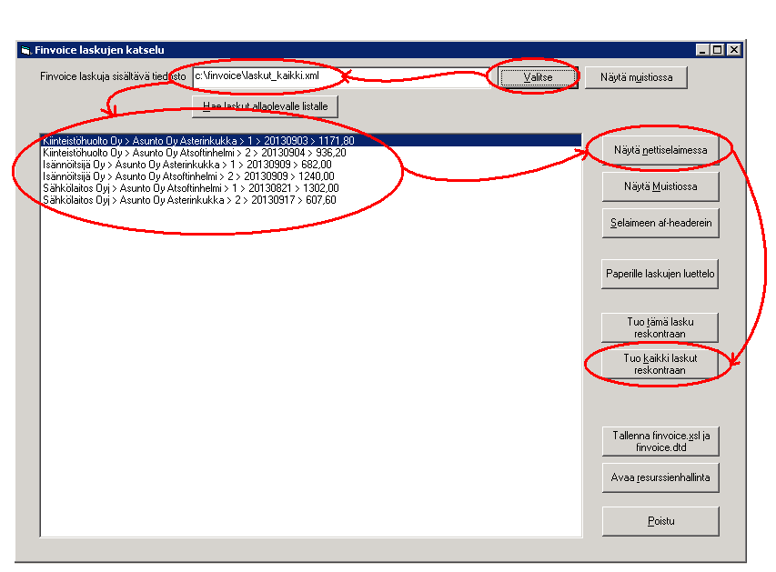 Kun olet valinnut tiedoston, luettelo laskuista tulee
