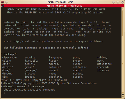 IRAF käynnistetään seuraavasti: aja iraf-terminaalissa komento emacs &, sitten komento cd ~/irafkansio, sitten komento ds9 & ja sitten komento pyraf.