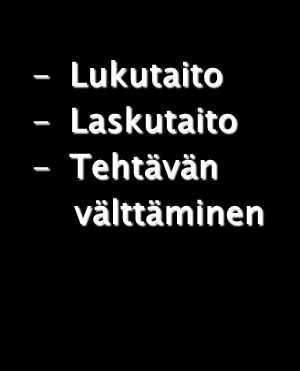 1. luokka Lokakuu Joulukuu Tammikuuy Huhtikuu - Lukutaito - Laskutaito - Tehtävän välttäminen - Lukutaito - Laskutaito - Tehtävän välttäminen - Lukutaito - Laskutaito - Tehtävän