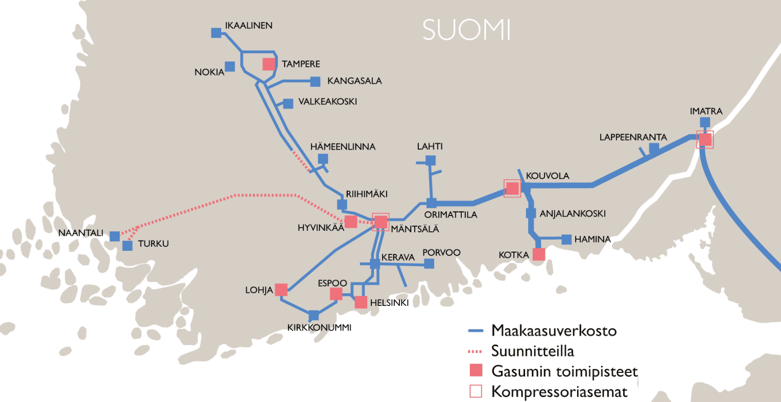 7 ja lisäävät näin kaasun siirtokapasiteettia. Kompressorit ovat kaasukäyttöisiä turbokompressoreita. Paineenvähennysasemien avulla siirtoputkiston paine alennetaan asiakkaalle sopivaksi.