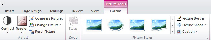 Kuvan ollessa valittuna, Publisherin yläosaan ilmestyy Picture Tools, jonka avulla voit muotoilla kuvaa.