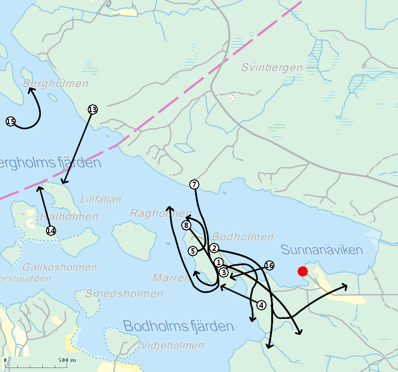Liite 1. Lentohavainnot 18.2.2015 1. 9:55 ad lähti Bodholmenista 2. 10:21 ad + imm lähtivät yhdessä Bodholmenista; imm katosi etelään ja ad jatkoi itään Grundtorpetin taakse 3.