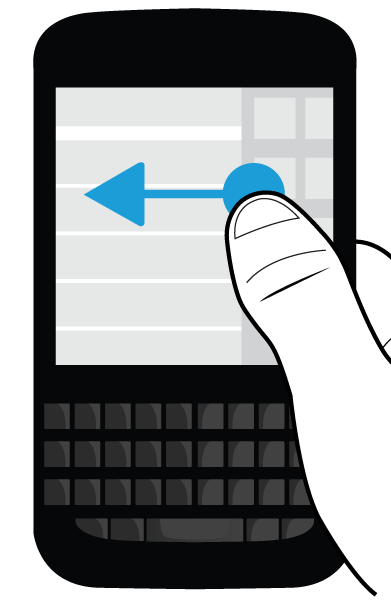 Määritys ja perustiedot Siirtyminen BlackBerry Hubin ja sovellusten välillä tapahtuu liu uttamalla sormea vasemmalle ja oikealle.