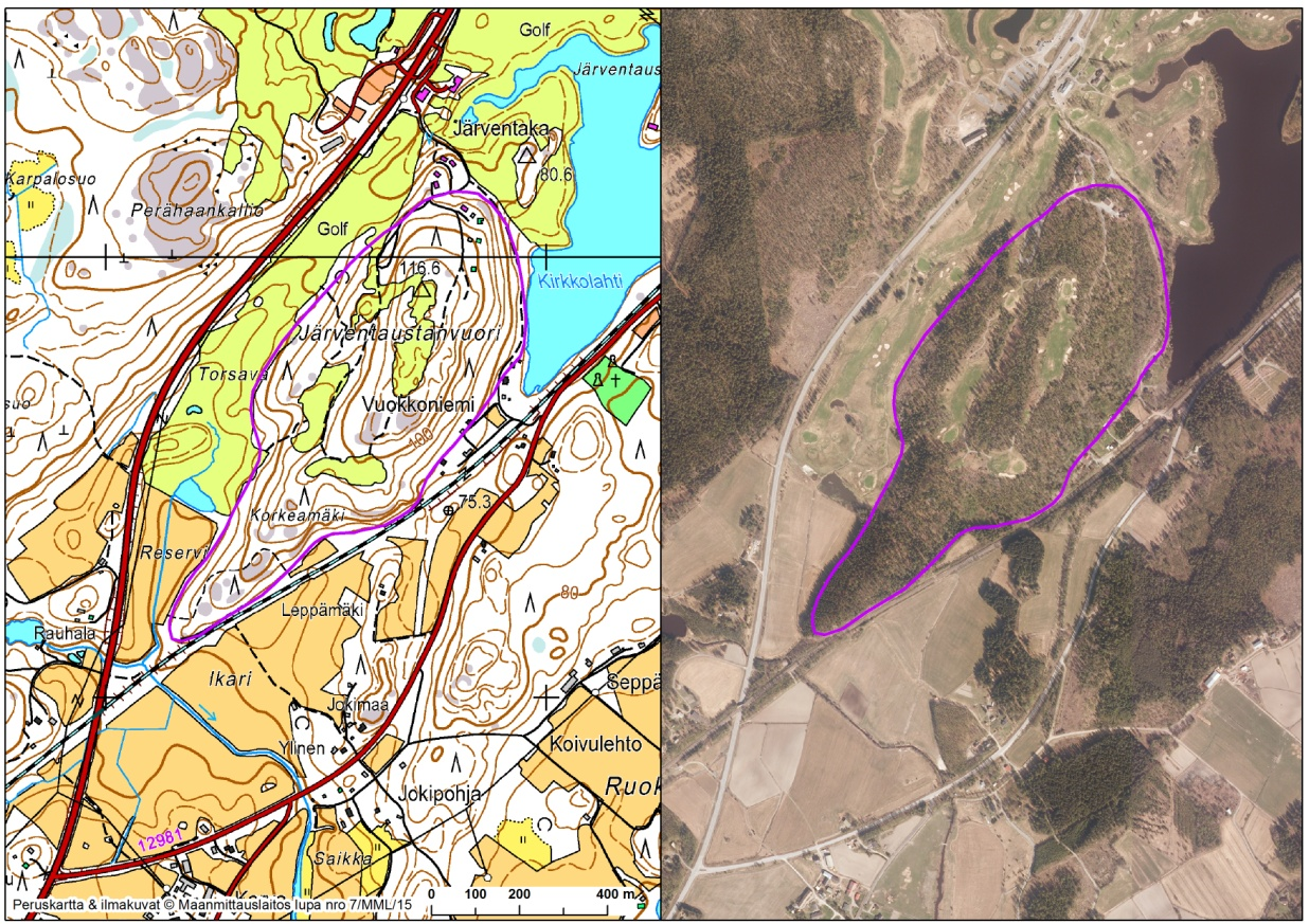 .1.1. Järventaustanvuori () Arvoluokka geologia ja biologia maisema Golf-kenttä on levittäytynyt alueen keskelle. Tarkastelussa käytetyn ilmakuvan kuvausvuosi on 011.