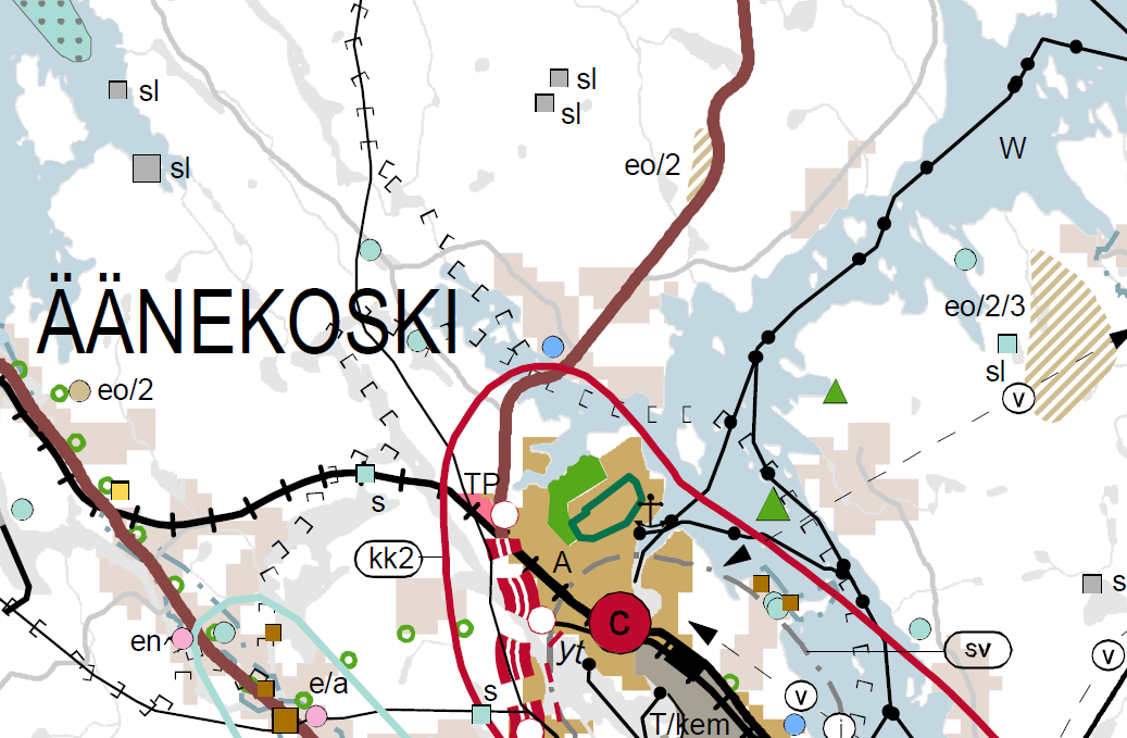9 Keski-Suomen maakuntakaavan ote: ei merkintöjä kyseisellä alueella, punainen nuoli osoittaa alueen