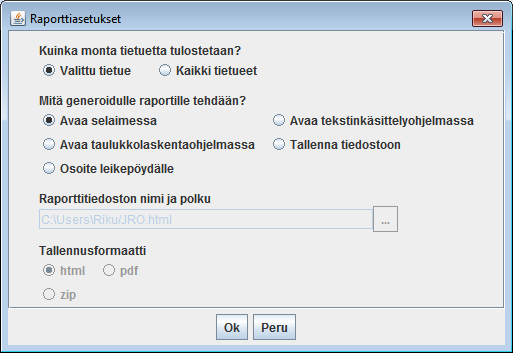 10 (16) 3.9 Raportit Mikäli sovellukseen on lisätty raportteja, ne löytyvät aina sovelluksen ylävalikon Raportti - otsikon alta. 3.9.1 Listaraportit Listaraportit ovat tyypillisesti erilaisia listauksia joissa jokainen tietue vie yhden (tai muutaman) rivin tilan.