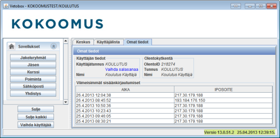 4 (16) 2.4 Käyttäjän omat tiedot Omat tiedot välilehdellä näkyy käyttäjän tunnus, nimi, tekninen kytkentä järjestelmän sisällä sekä käyttäjän viimeisimmät kirjautumiset järjestelmään. 2.5 Salasanan vaihtaminen Oman salasanan voi vaihtaa keskusikkunan Omat tiedot välilehdellä.