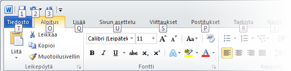 Tietoja näppäinvihjeistä Toimivatko pikanäppäimet edelleen? Word 2010 sisältää valintanauhan pikanäppäimiä (eli näppäinvihjeitä), joilla voit suorittaa tehtäviä nopeasti hiirtä käyttämättä.