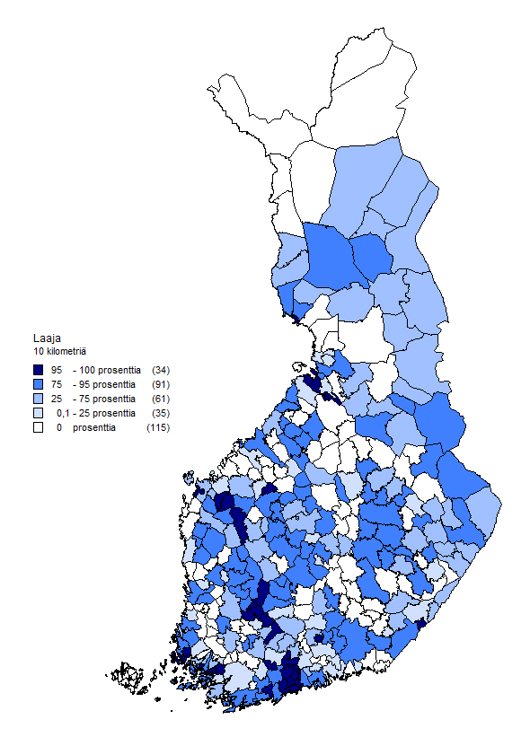 Kuva 6. Enintään 10 kilometrin etäisyydellä taiteen perusopetuksen laajan oppimäärän opetusta antavasta oppilaitoksesta asuvien 7 19-vuotiaiden osuus (%) ikäluokasta kunnittain syksyllä 2012 8.14.