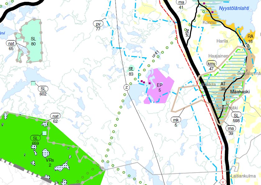 Kuva 4. Ote lainvoimaisesta maakuntakaavasta. EP5 on puolustusvoimien Tarusjärven leirialue. Tarkempi kartta Taruksen alueen ympäristöstä on esitetty kuvassa 5.