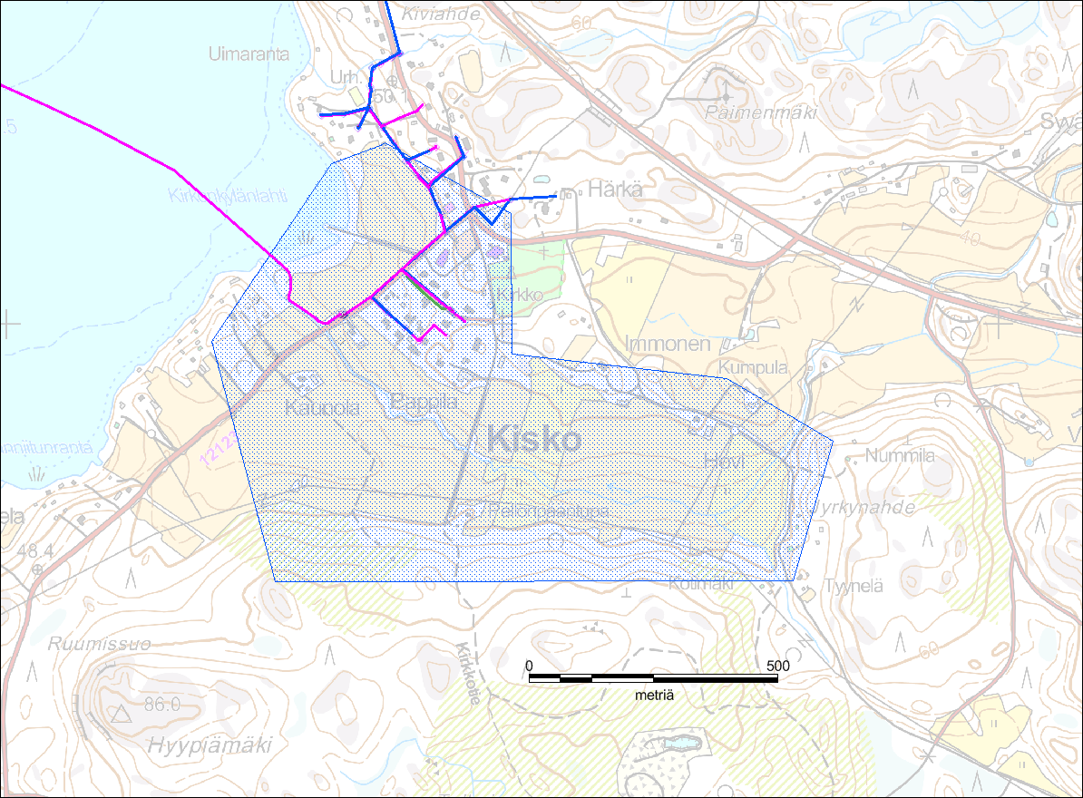 16 Kartta 2. Kiskon Kirkonkylän pohjavesialueella oleva vesijohto- ja viemäriverkosto. Sininen linja on vesijohto, vihreä linja on sadevesiviemäröinti ja pinkki linja on jätevesiviemäröinti.