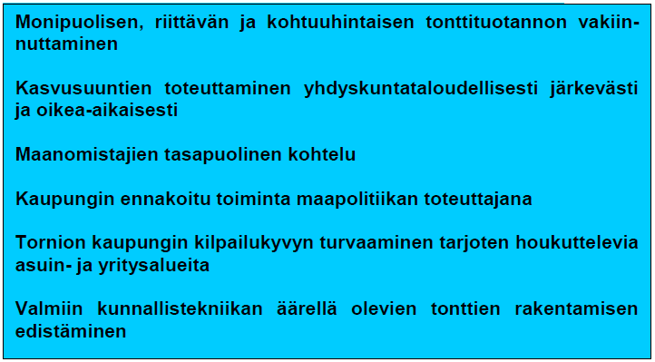 11 3 TAVOITTEET Maapoliittisessa ohjelmassa kunta päättää maapolitiikan strategiset tavoitteensa, toimintaperiaatteensa sekä tarpeen mukaan käytettävät keinot yhdyskuntarakenteen toteuttamiseksi.