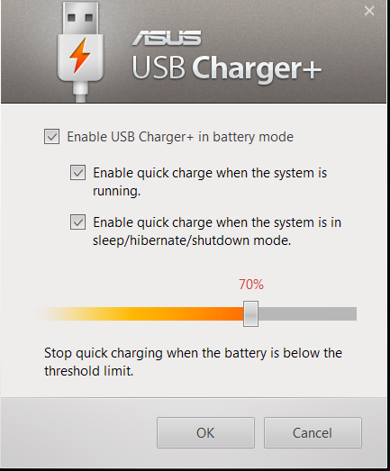 3. Valitse toinen tai molemmat näistä latausvalinnoista: Enable quick charge when the system is running (Ota pikalataus käyttöön, kun järjestelmä on käynnissä) tai Enable quick charge when the system