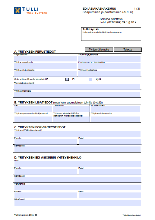 AREX-lomakkeet: EDI-asiakashakemus,