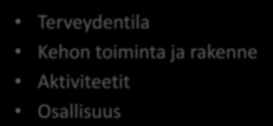 Salutogenesis-teoria (Antonovsky) & ICF (WHO) Patogenesis = ongelmakeskeisyys Sairaudet Vammat Rajoitukset