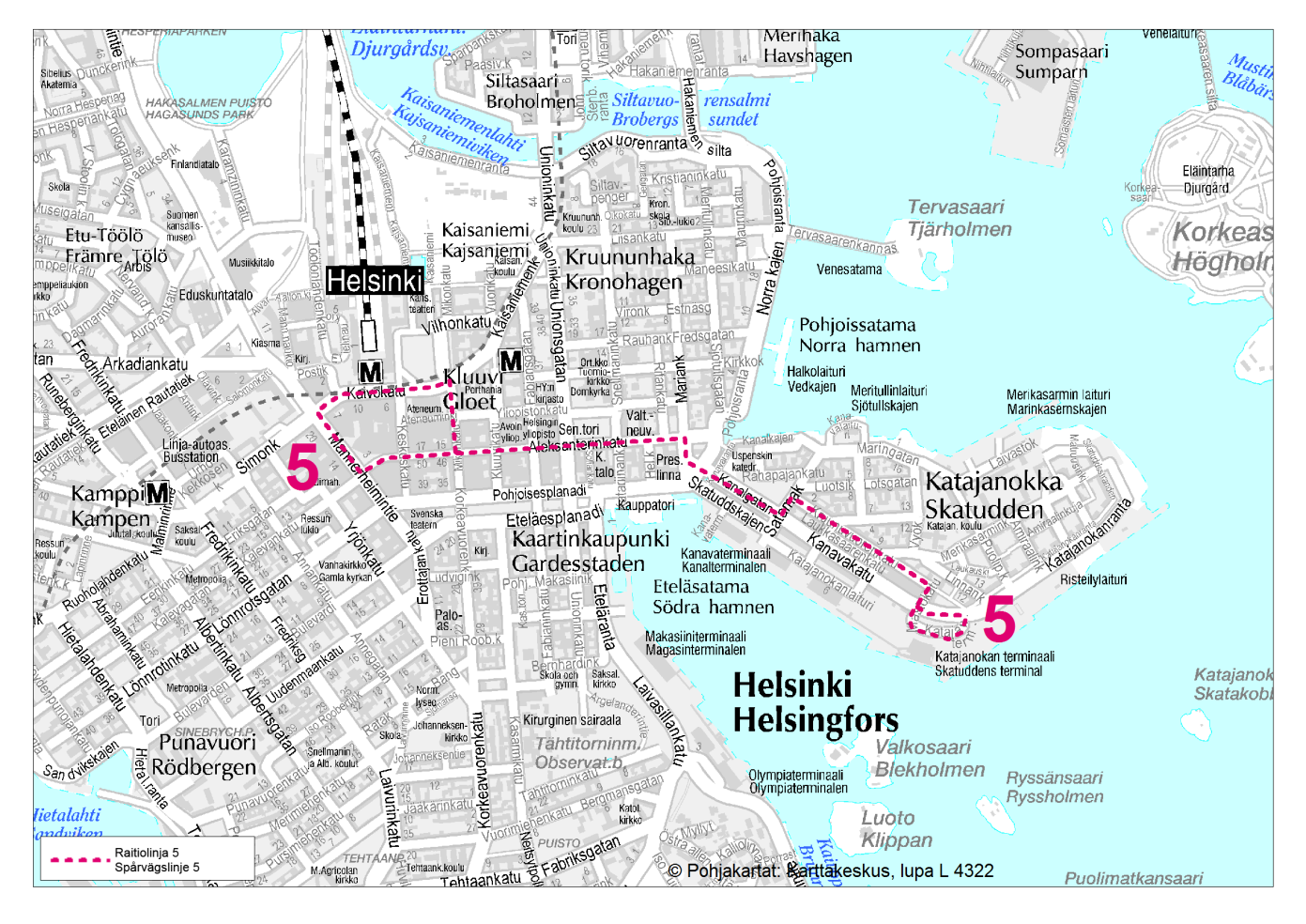 Linja 5 Katajanokan terminaali - Rautatieasema Linja 5 on Katajanokan terminaalia palveleva linja. Linjan liikennöinti sovitetaan laivaliikenteen aikatauluihin.