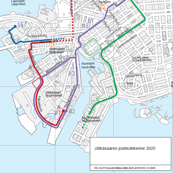 5 3 Raitioliikenteen linjaus Jätkäsaaressa Jätkäsaaressa on perustamissuunnitelman mukaisesti suunniteltu radat Länsisatamankadulle, Tyynenmerenkadulle, Välimerenkadulle ja Atlantinkadulle (kuva 2).