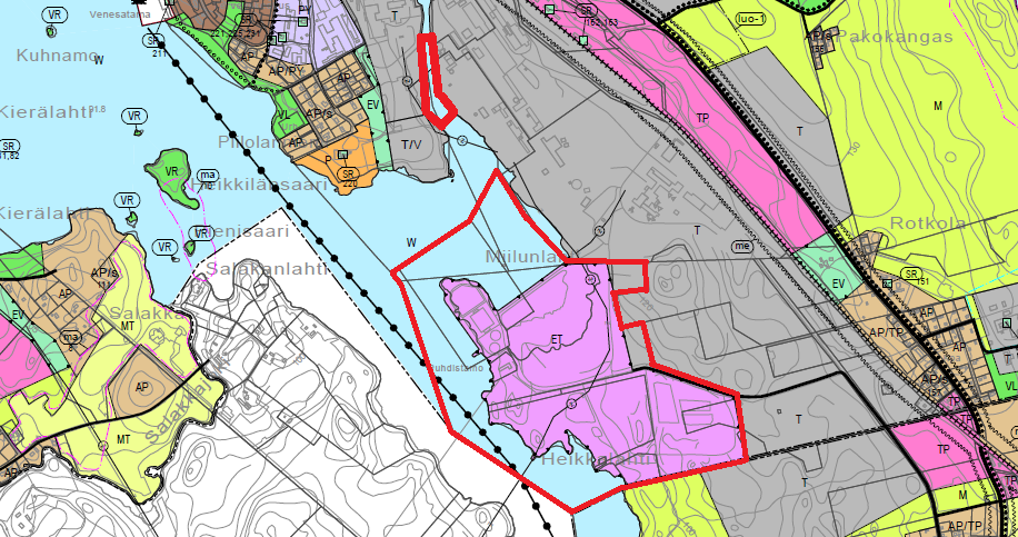 yhdyskuntateknisen huollon aluetta (ET), maa- ja metsätalousvaltaista aluetta (M) ja vesialuetta (W- 2).