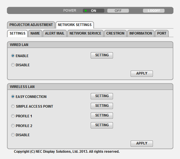 3. Käytännöllisiä toimintoja NETWORK SETTINGS ASETUKSET LANGALLINEN tai LANGATON SETTING APPLY DHCP ON DHCP OFF IP OSOITE ALIVERKKOMASKI YHDYSVÄYLÄ AUTO DNS ON AUTO DNS OFF Asetus langallista