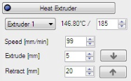 LIITE 2/8 1.4 If the printer doesn t have any printing material, or you want to change it, activate Heat extruder-, and Fan-buttons. Set the Fan sliding bar to 100%.