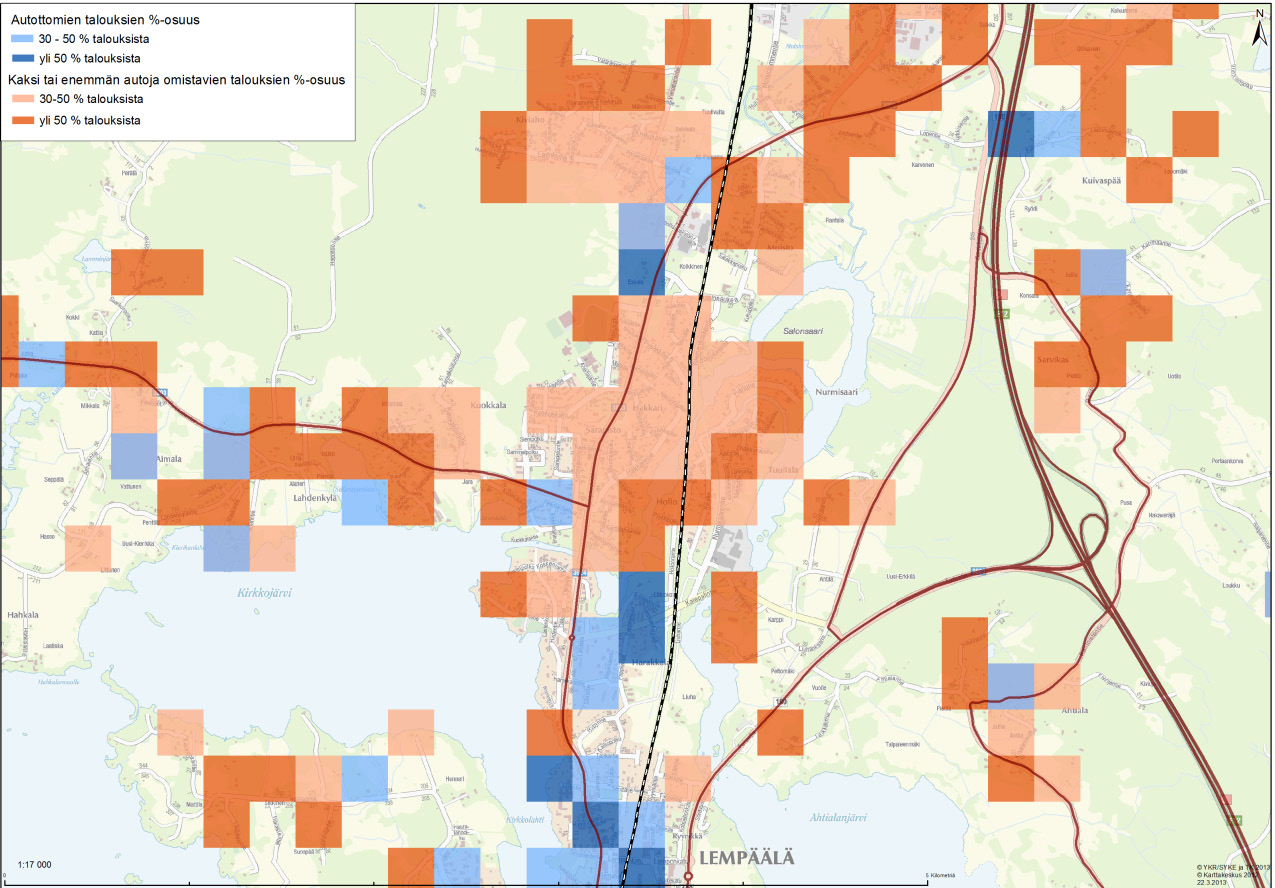 Kuokkalan, Hakkarin ja Herralan alueen osayleiskaavan liikenneselvitys 29 Kuvan 5.2 kartassa on esitetty autottomien sekä kahden ja useamman auton talouksien osuudet kaava-alueella nykytilassa.