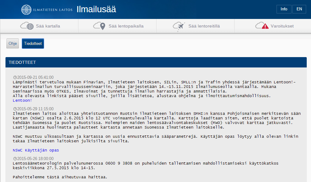 Inf: Palvelun tiedtteet Inf-linkkiä klikkaamalla aukeaa letuksena hjesi.