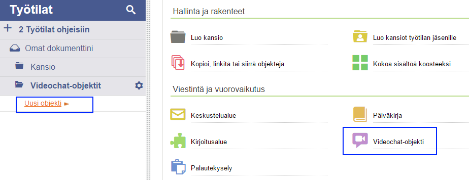 Objektia luotaessa on mahdollisuus valita, kumman tyypin haluaa luoda: Chat. Kaikki voivat osallistua keskusteluun.