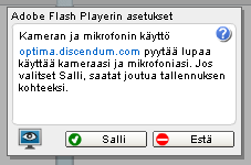Liity sessioon painikkeen jälkeen käyttäjän tulee sallia Adobe Flash Player ikkunassa mikrofonin ja kameran käyttö.